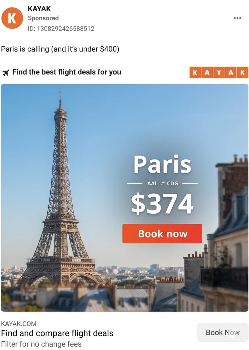Round 2 — recomposed ad with Eiffel Tower left and text on open sky, scored 47/100