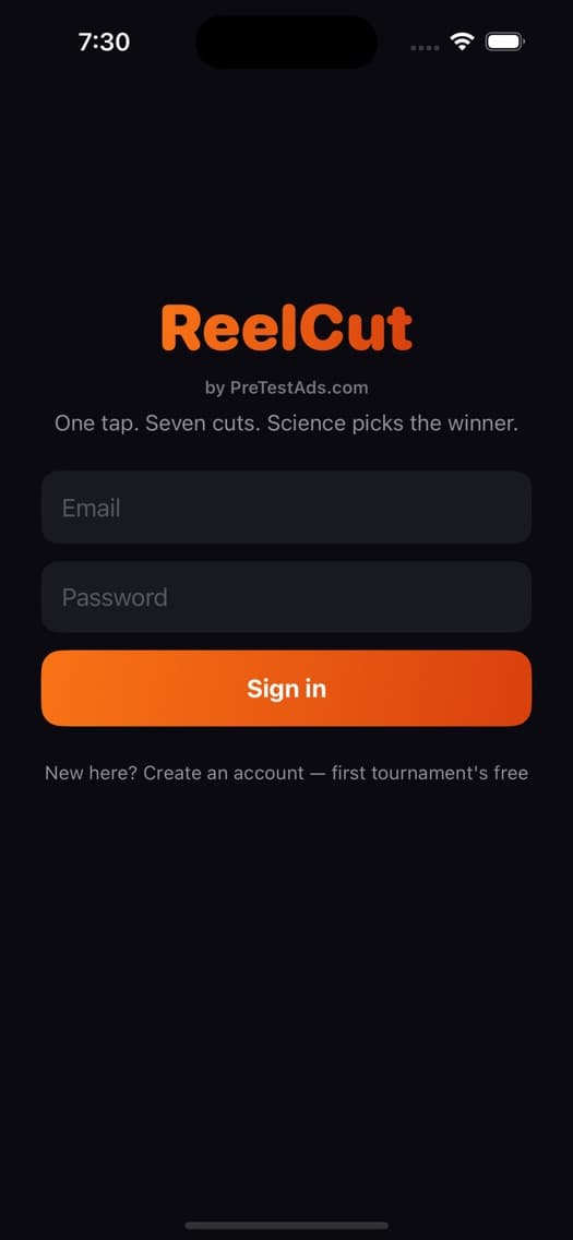 ReelCut login — same account as PreTestAds