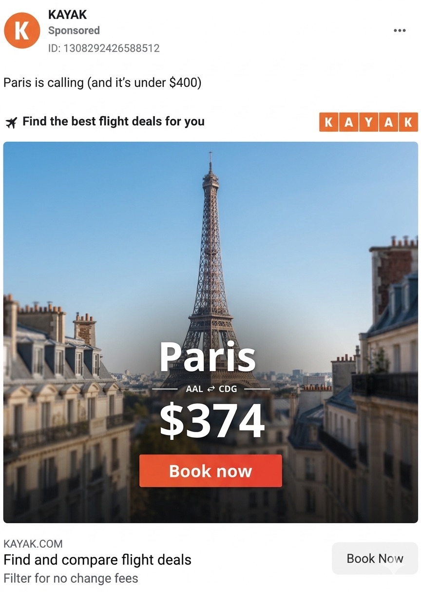 Original KAYAK Paris banner ad: busy aerial cityscape with Paris $374 text and a red Book Now button