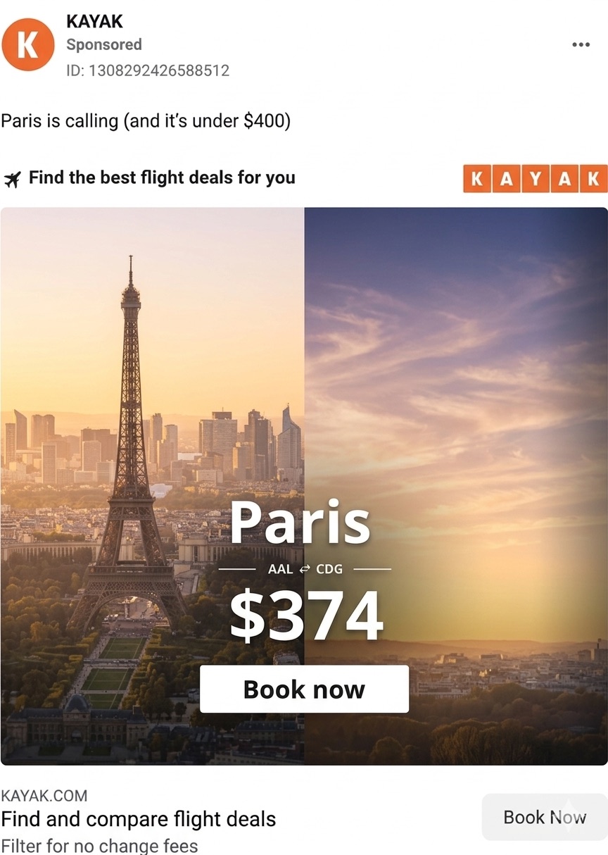 Final KAYAK banner: Eiffel Tower on the left third, Paris $374 and Book Now on clean open sky, soft warm background